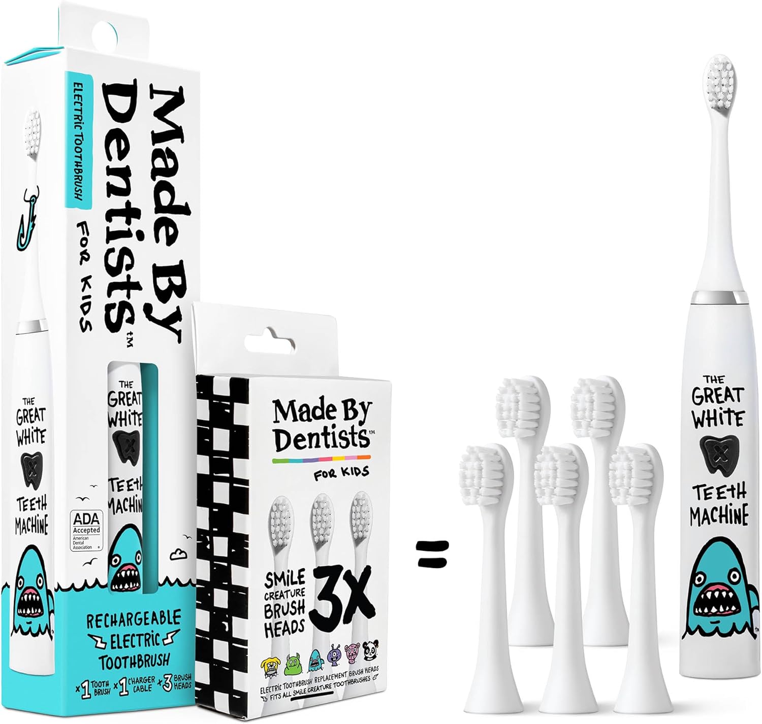 Made By Dentists Kids Electric Toothbrush shark design front view for gentle cleaning.