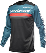 Fasthouse Carbon Force Long Sleeve Jersey front view showcasing the teal sleeves and bold chest stripe graphic