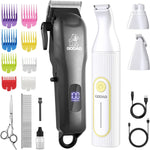 Gooad all in one pet trimmer kit arranged flat illustrating the small and medium detail grooming blades for ears, eyes, and sensitive areas.