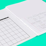 Inside cover of Mead notebook displaying reference tables and schedule