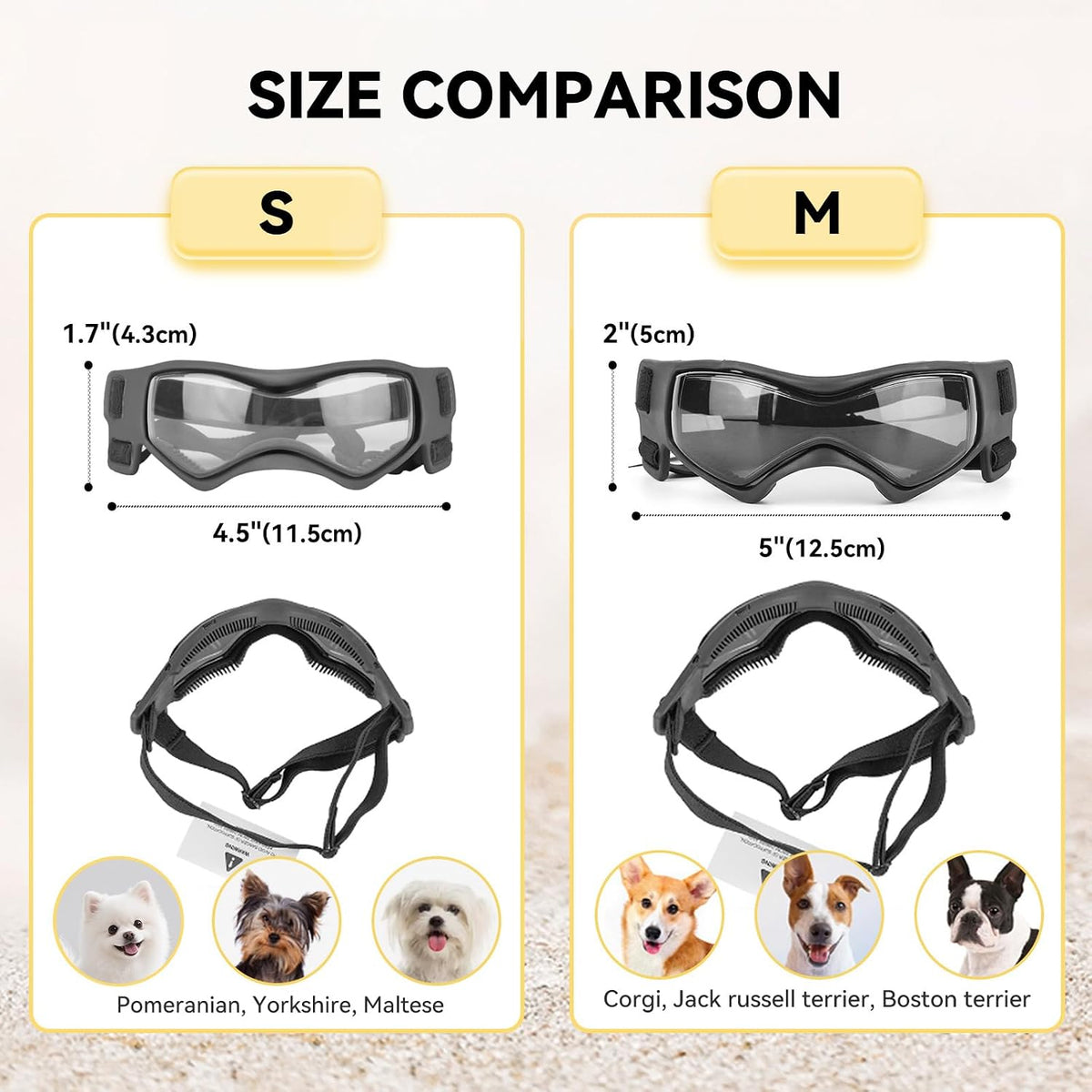 Close-up of polycarbonate UV protection lenses on small dog goggles