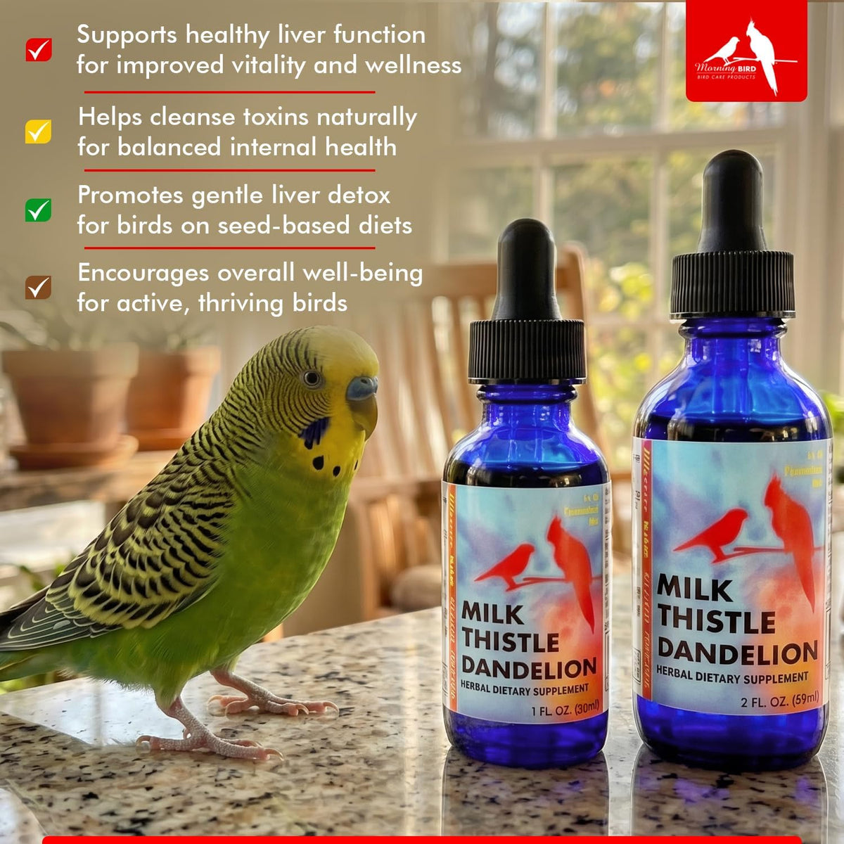 USA imported Morning Bird liquid supplement bottle for parrot liver detoxification