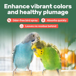 Samorillo natural bird conditioning spray bottle showing directions for daily preening use.