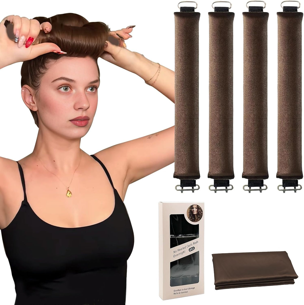 Jejucy heatless curls overnight set front view showing five brown velvet curling rods