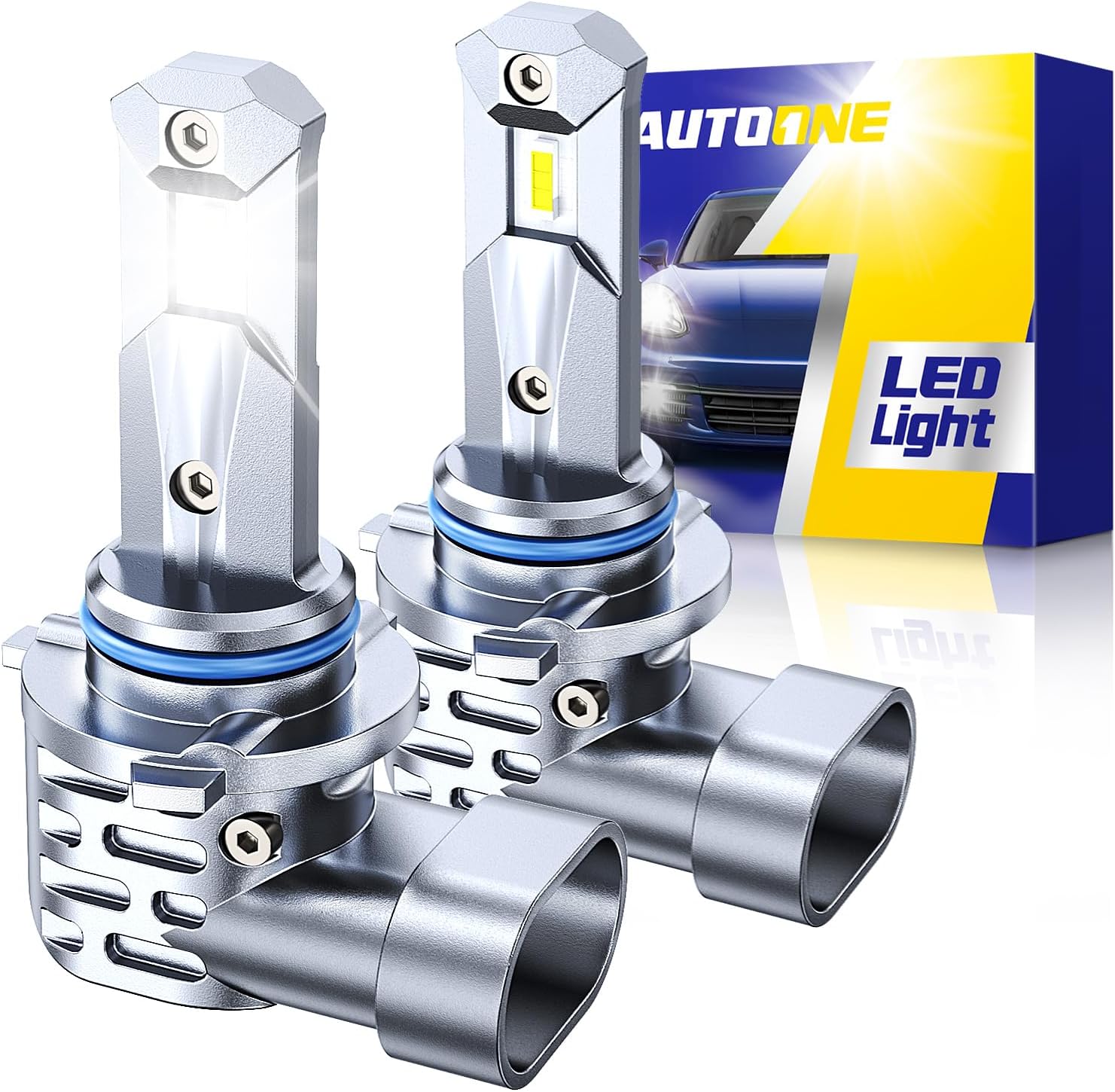 AUTOONE HB3 9005 LED Light Bulbs front view showcasing the compact wireless fanless mini size design.