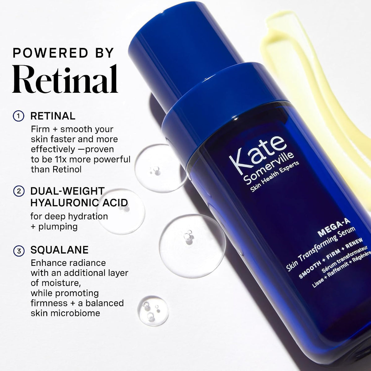 Kate Somerville retinal and hyaluronic acid serum blue bottle close up