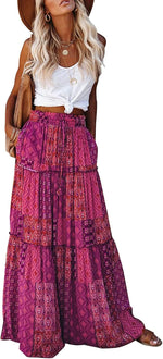 EARKOHA womens boho maxi skirt front view and vibrant print