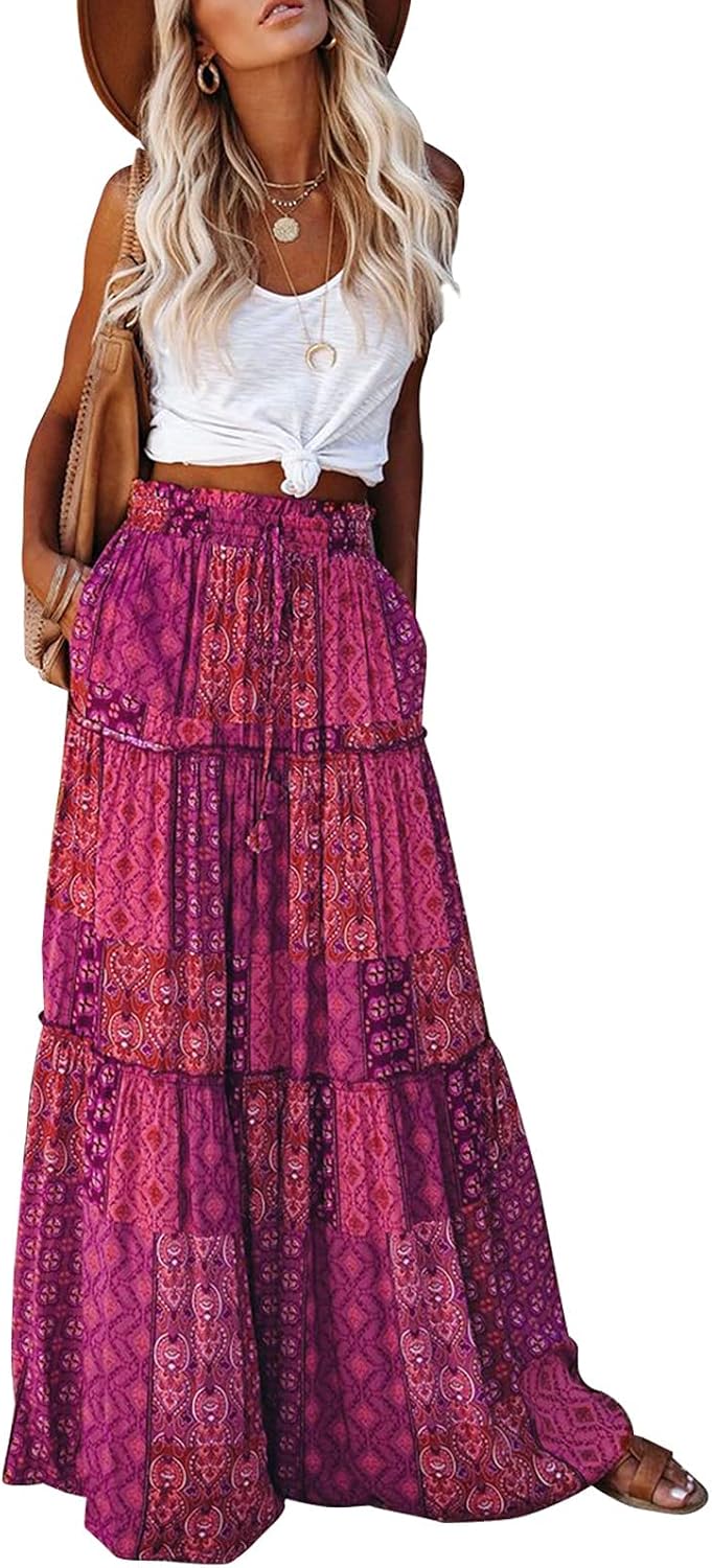 EARKOHA womens boho maxi skirt front view and vibrant print