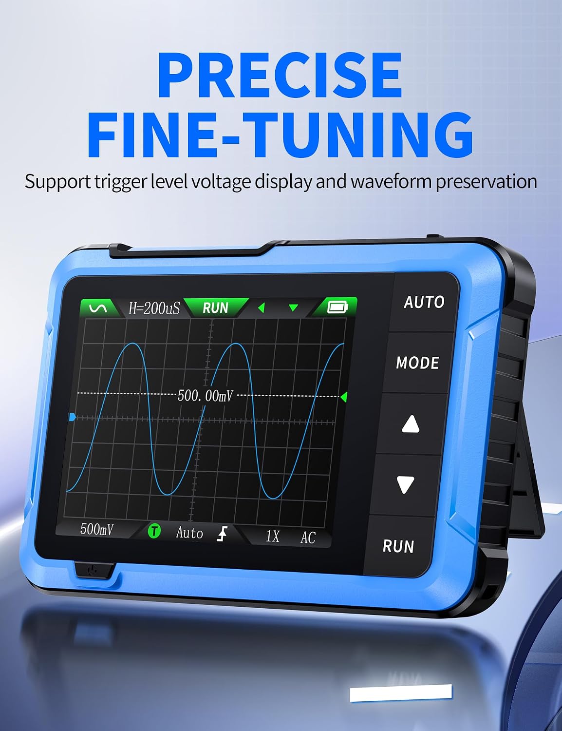 FNIRSI DSO-510 digital oscilloscope showing waveform graph on TFT screen