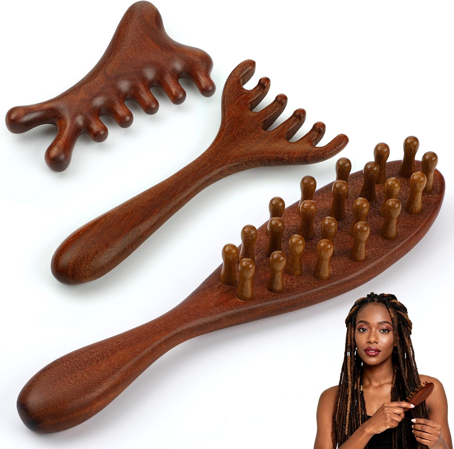 ProSuites 3 Pack Wooden Scalp Massager Tool Loc Combs,Long Handle Head Massage Scalp Loc Brush for Dreads,Multifunctional Hair Massager Tool for Men & Women - Image 1