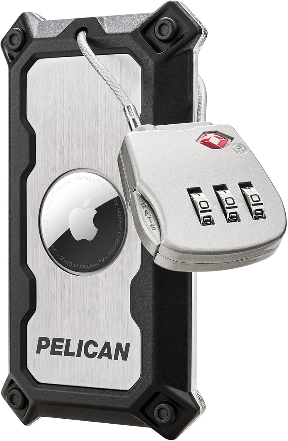 Pelican AirTag tracker luggage lock front view in brushed titanium