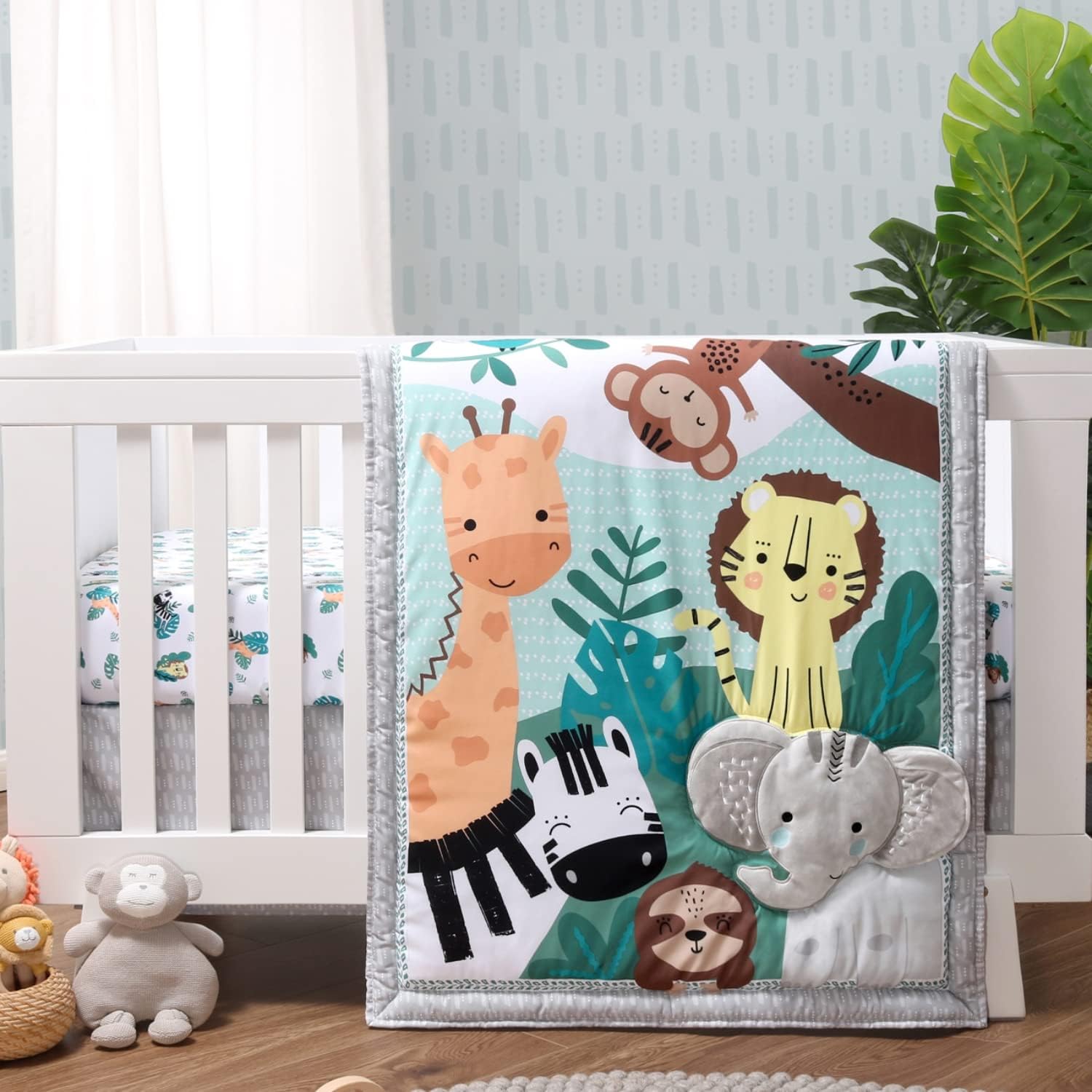 The Peanutshell Safari Adventures 3 Piece Baby Crib Bedding Set front view featuring jungle animals