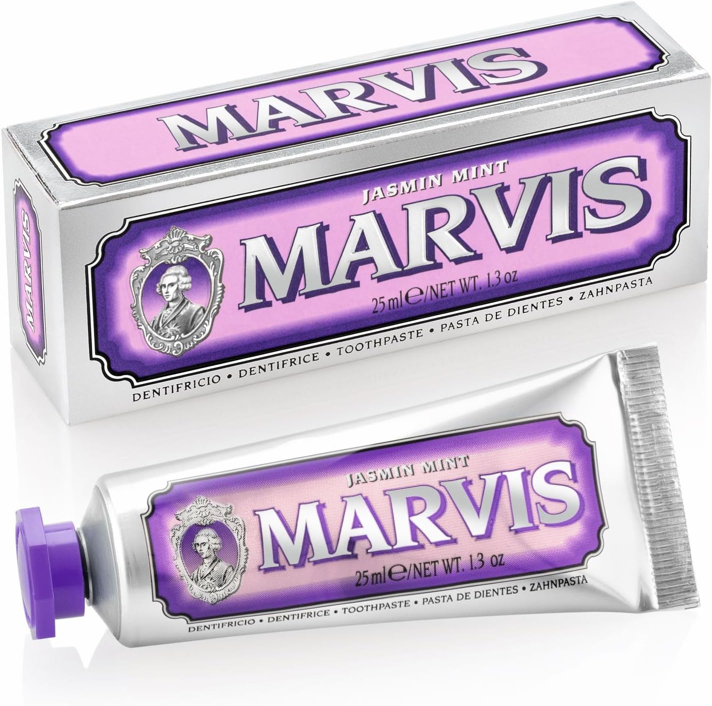 Marvis Jasmin Mint Toothpaste 25 Milliliters front view of violet tube packaging.