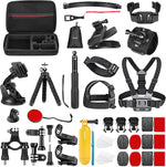 Neewer 50 in 1 action camera accessory kit front view displaying all 50 components organized next to the carrying case.