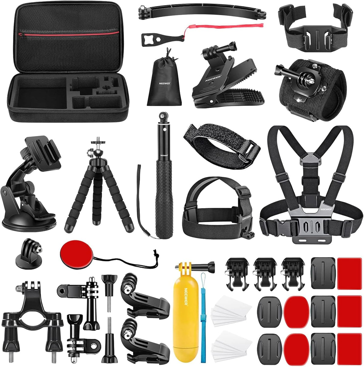 Neewer 50 in 1 action camera accessory kit front view displaying all 50 components organized next to the carrying case.