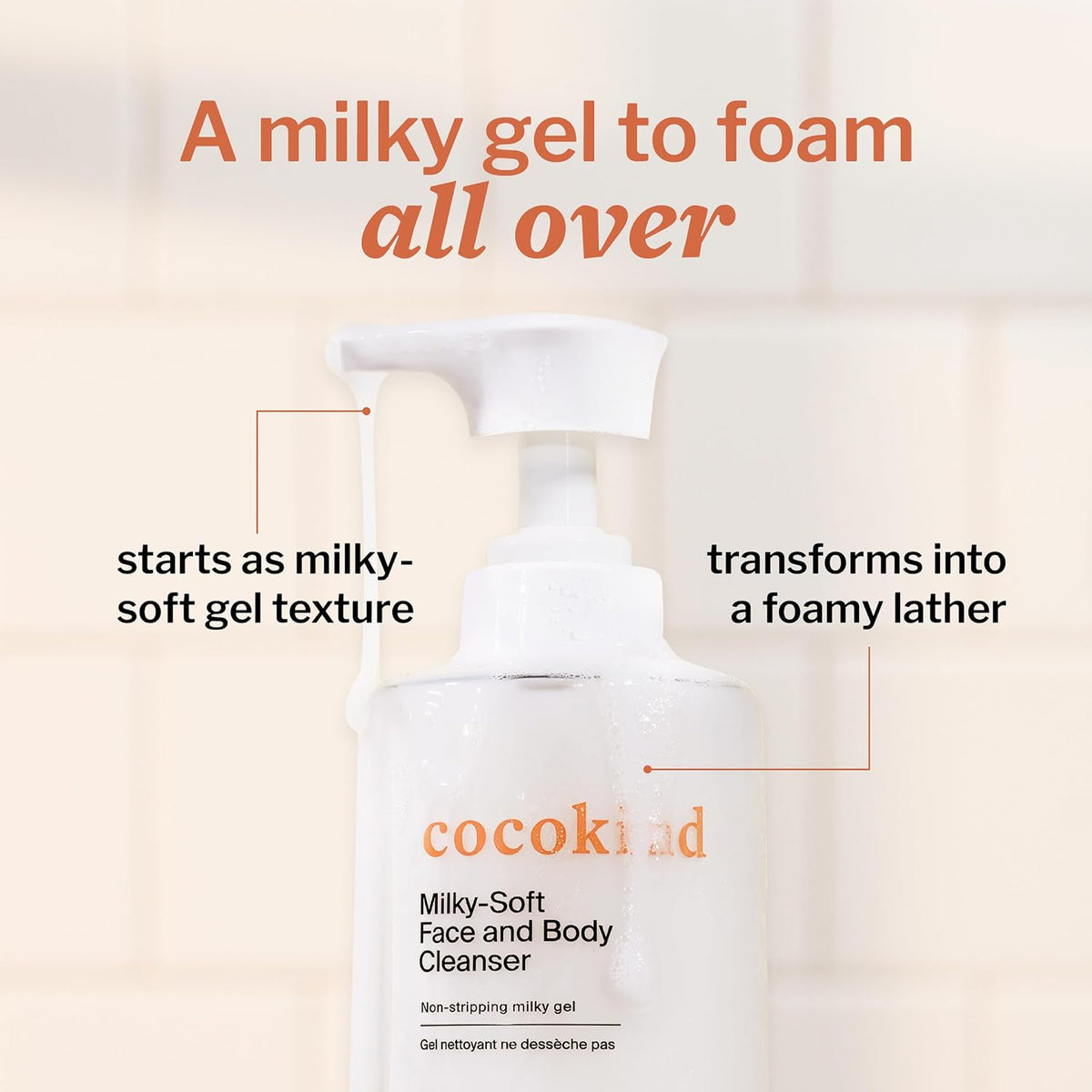 Back label of Cocokind Milky-Soft wash listing USA-sourced ceramide and glycerin ingredients.