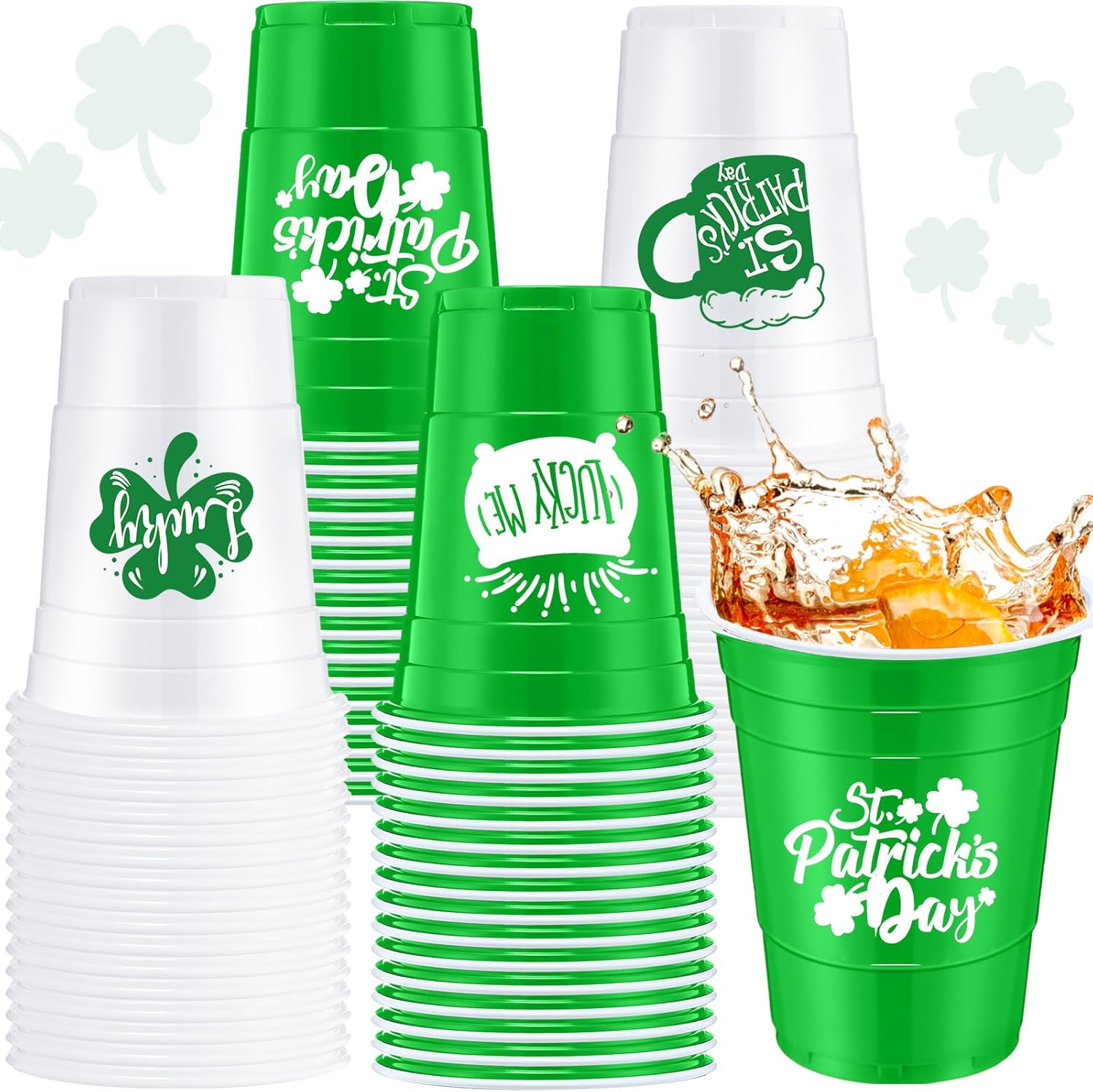 Jingmore St Patrick's Day plastic cups front view with shamrock design