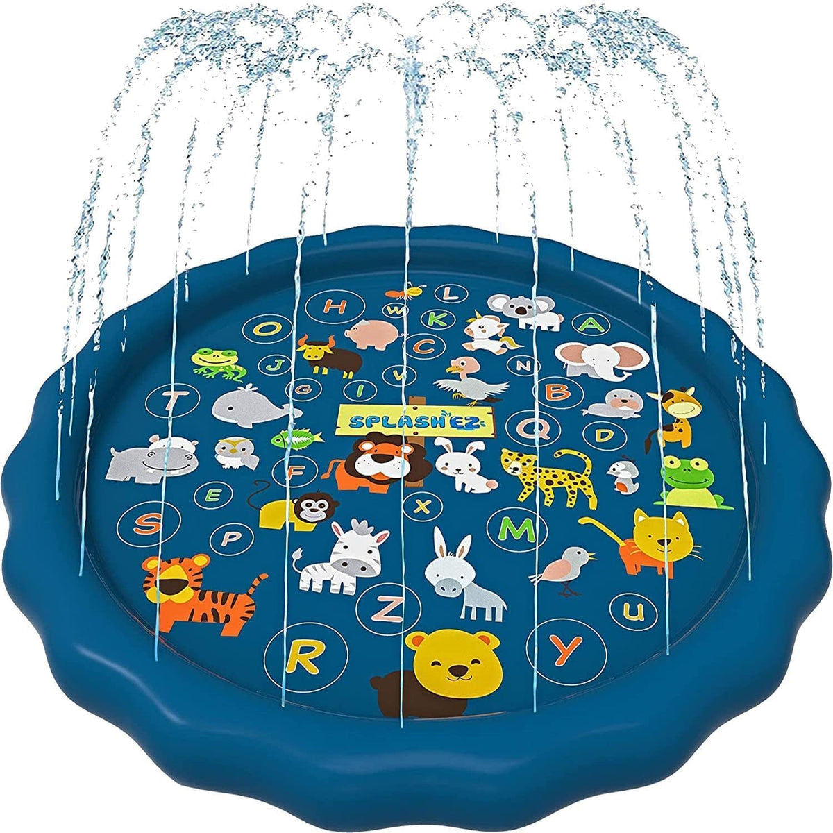 SplashEZ 3-in-1 splash pad front view showing the blue 60 inch alphabet water play mat