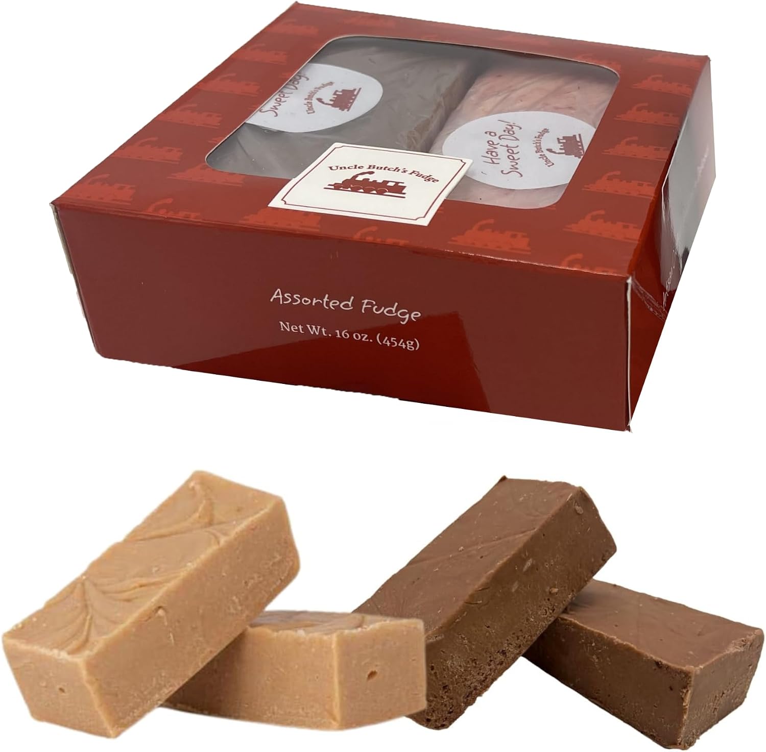 Uncle Butch's Fudge Gift Box front view showing premium red packaging.