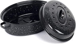 Vankutl covered oval roaster pan angled lifestyle view.
