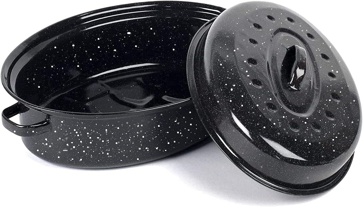 Vankutl covered oval roaster pan angled lifestyle view.