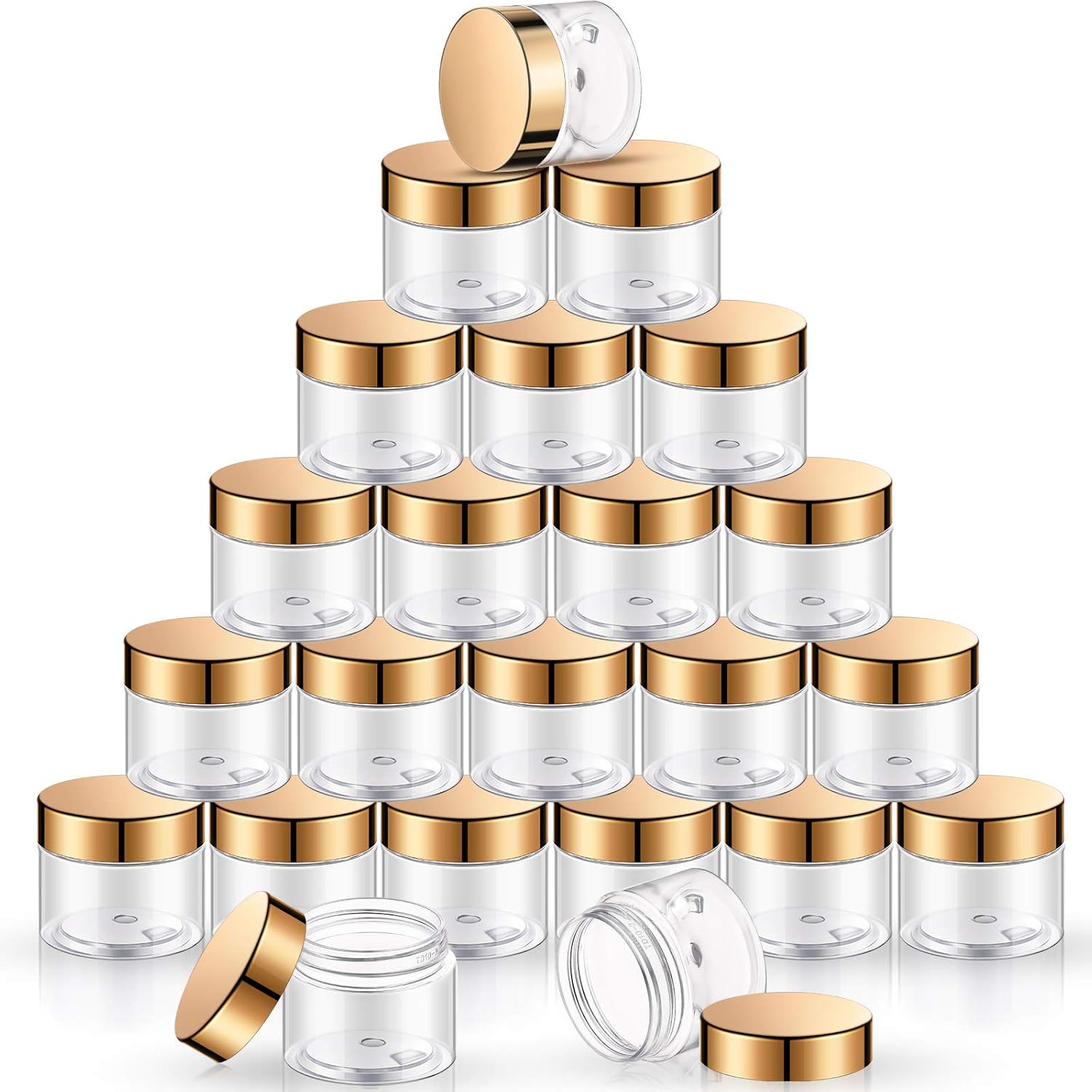 Satinior 24 piece empty clear plastic jars front view with gold lids