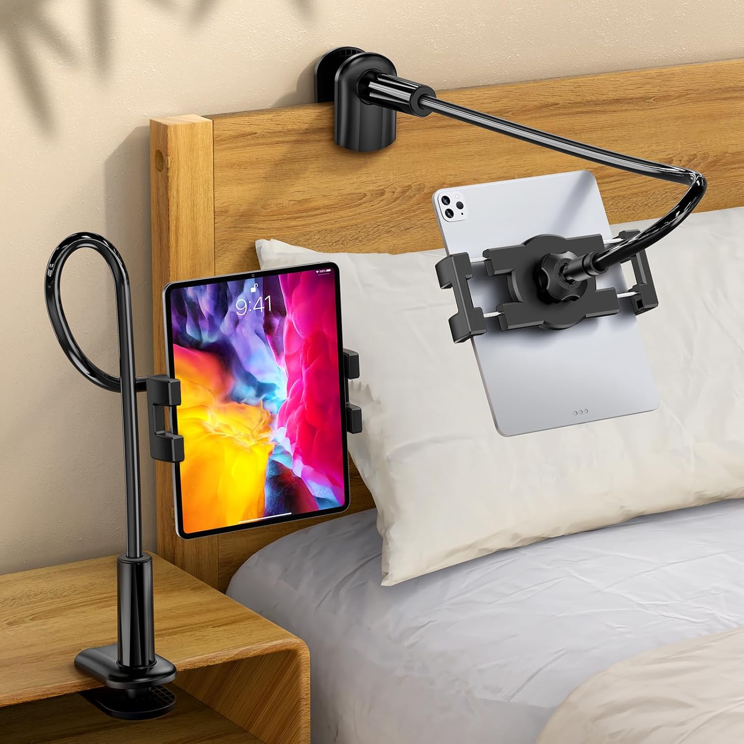 Bokilino gooseneck tablet holder stand front view clamped to a wooden bed headboard holding an iPad device.