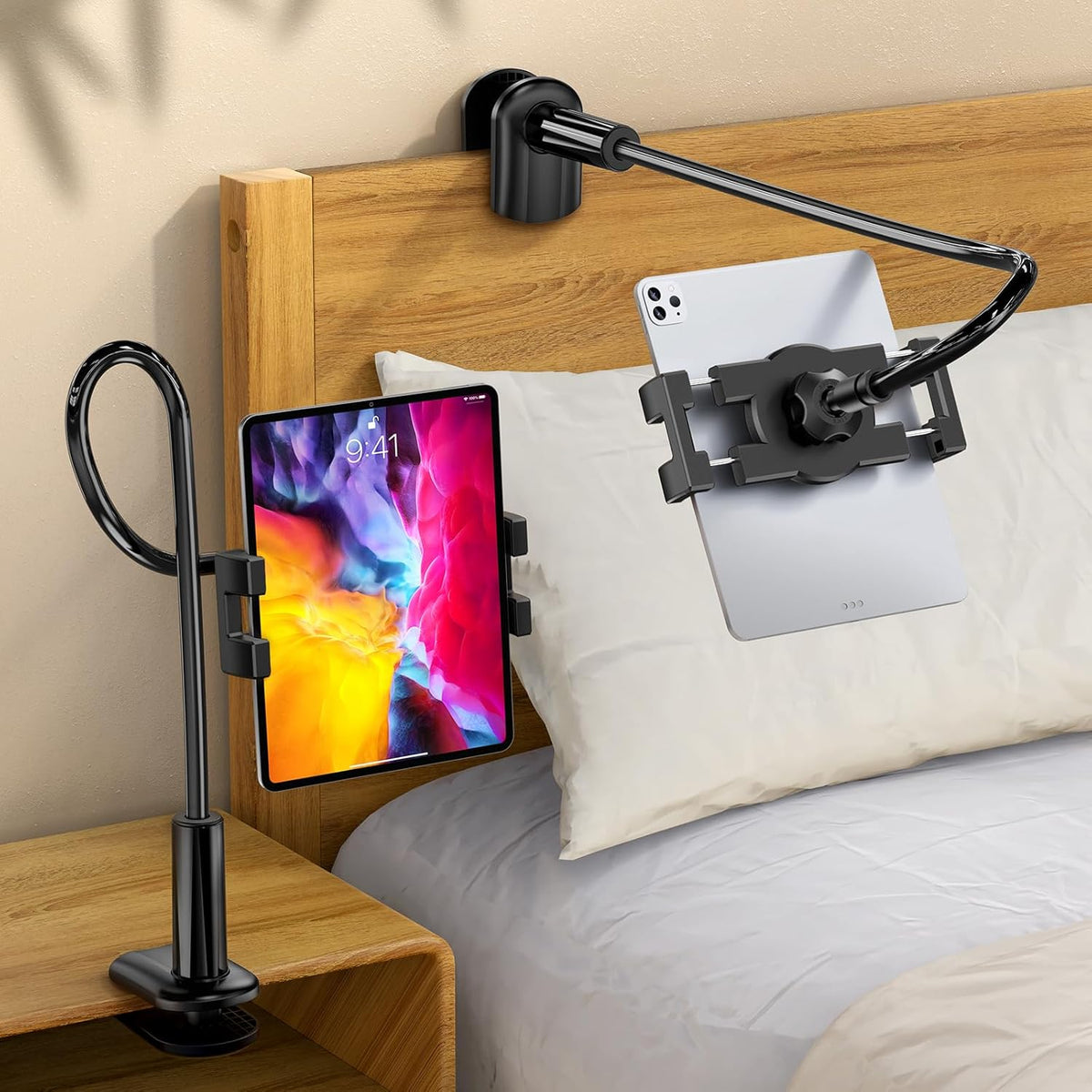Bokilino gooseneck tablet holder stand front view clamped to a wooden bed headboard holding an iPad device.
