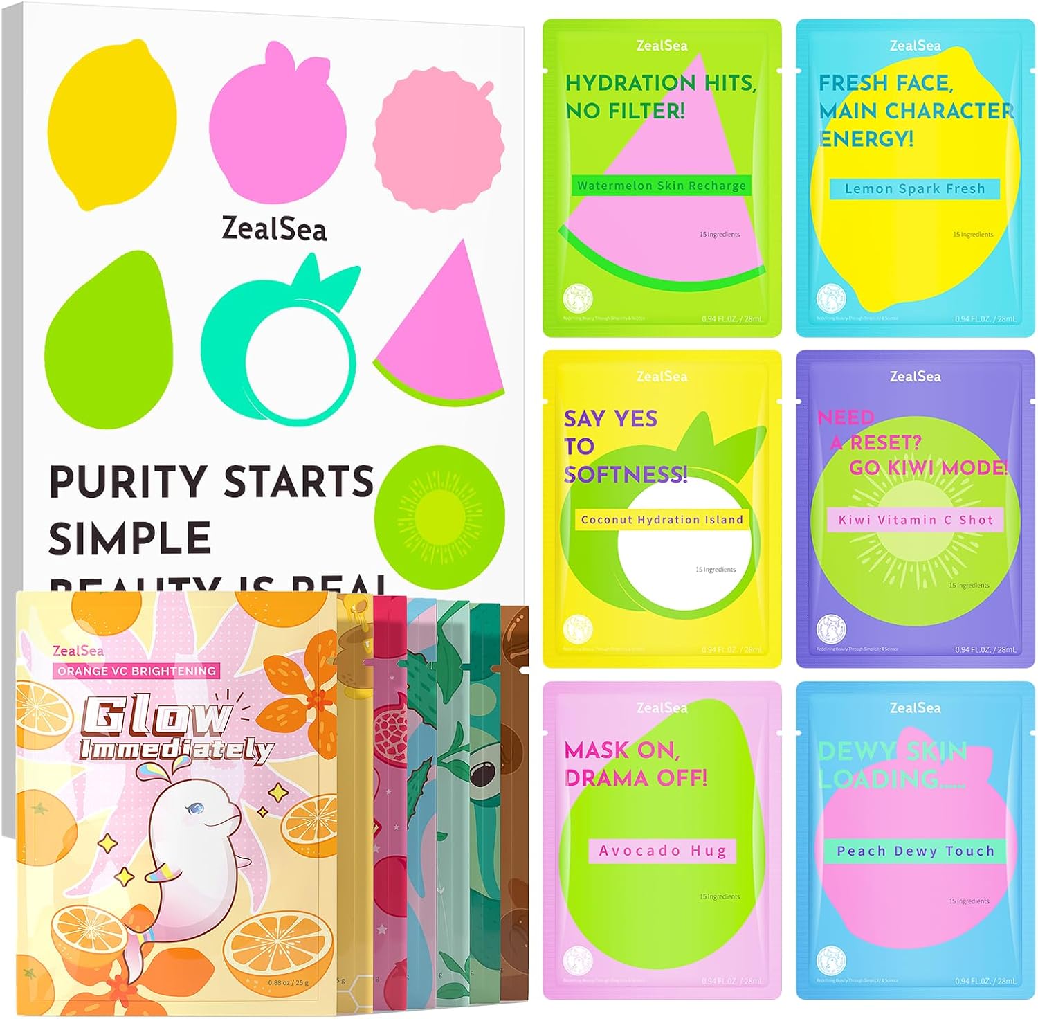 ZealSea Clean Beauty and 7 Day Glow Face Mask Set front packaging showing fourteen individual vegan sheet masks.