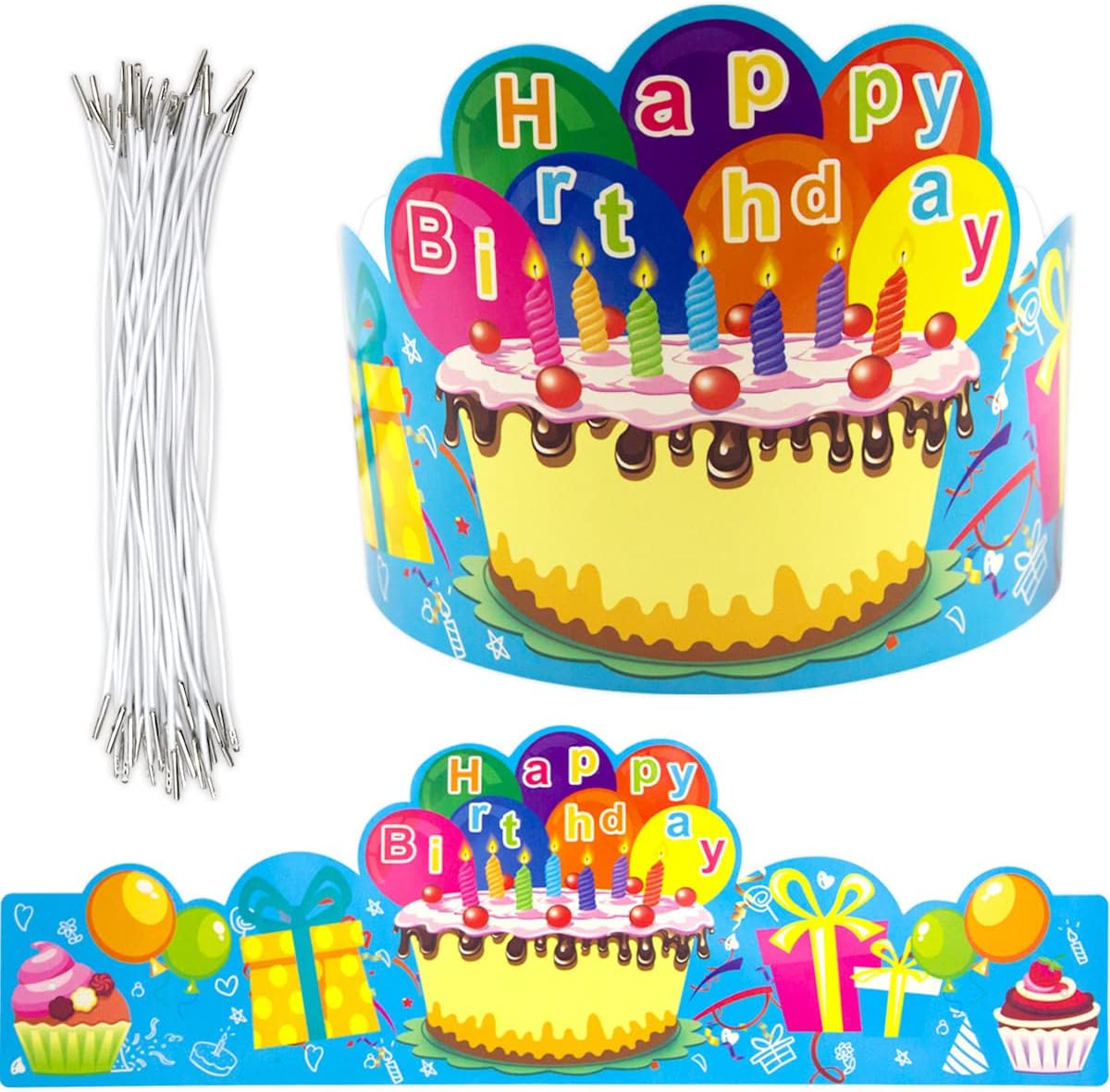 Fancy Land Birthday Crowns for Kids pack of 30 front view showing colorful cupcake and balloon illustrations.