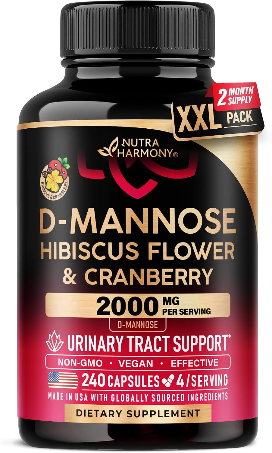 NutraHarmony D-Mannose 2000mg capsule bottle front view
