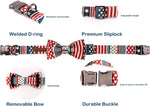 Close up of American flag print cotton bowtie for dogs