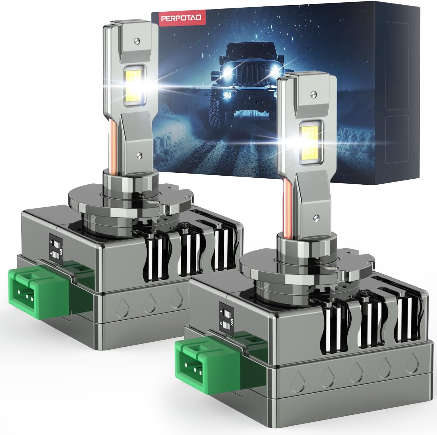 Perpotao upgraded D3S LED headlight bulbs front view showcasing premium design and dual copper heat tubes.