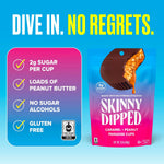 Low carb SkinnyDipped caramel peanut cups resealable bag showing nutrition values.