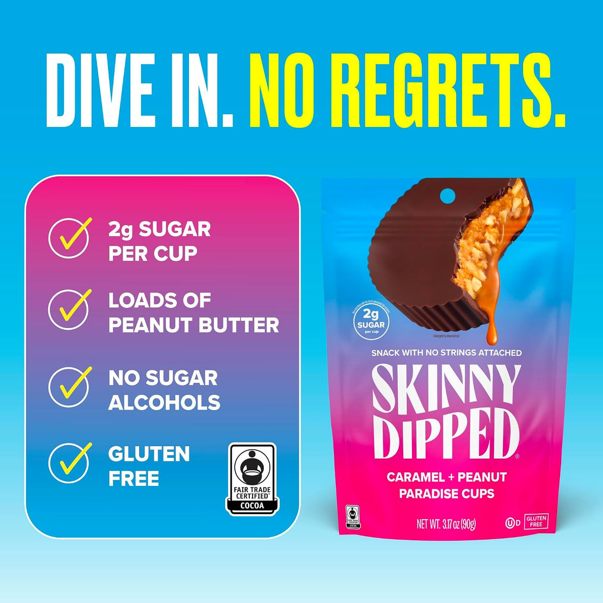 Low carb SkinnyDipped caramel peanut cups resealable bag showing nutrition values.