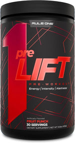 Rule 1 Proteins preLIFT Pre-Workout front view showing tub design