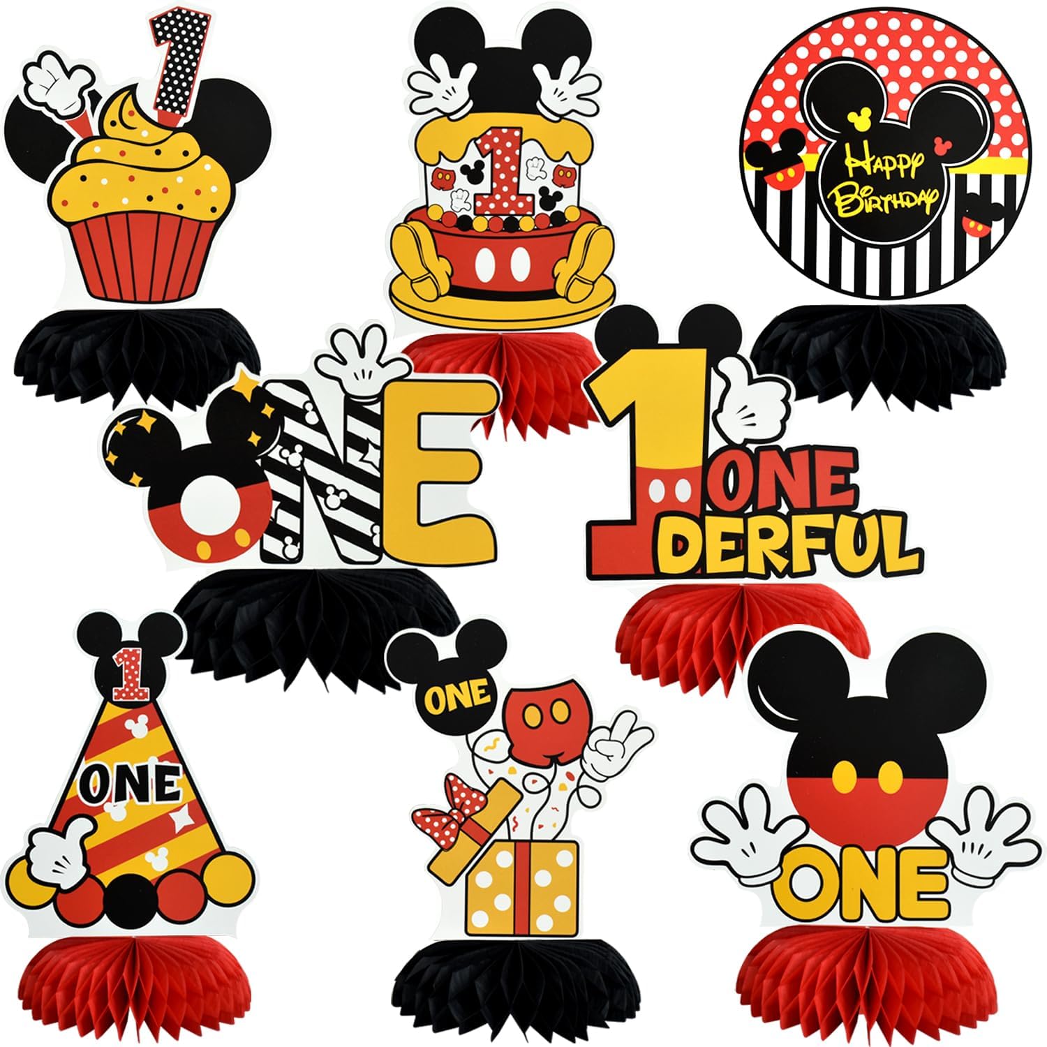 Toniful 1st birthday mouse themed honeycomb centerpieces front view