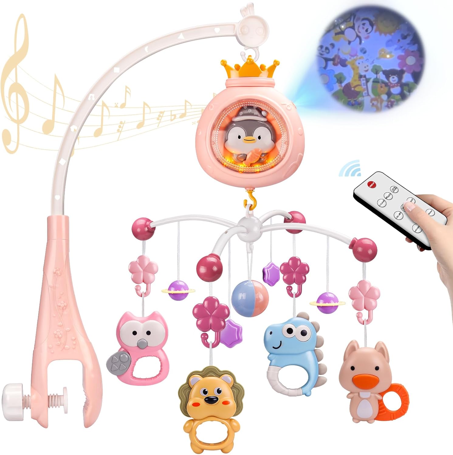 ZFSZSY musical baby crib mobile pink front view showing rotating arm and hanging animal toys.