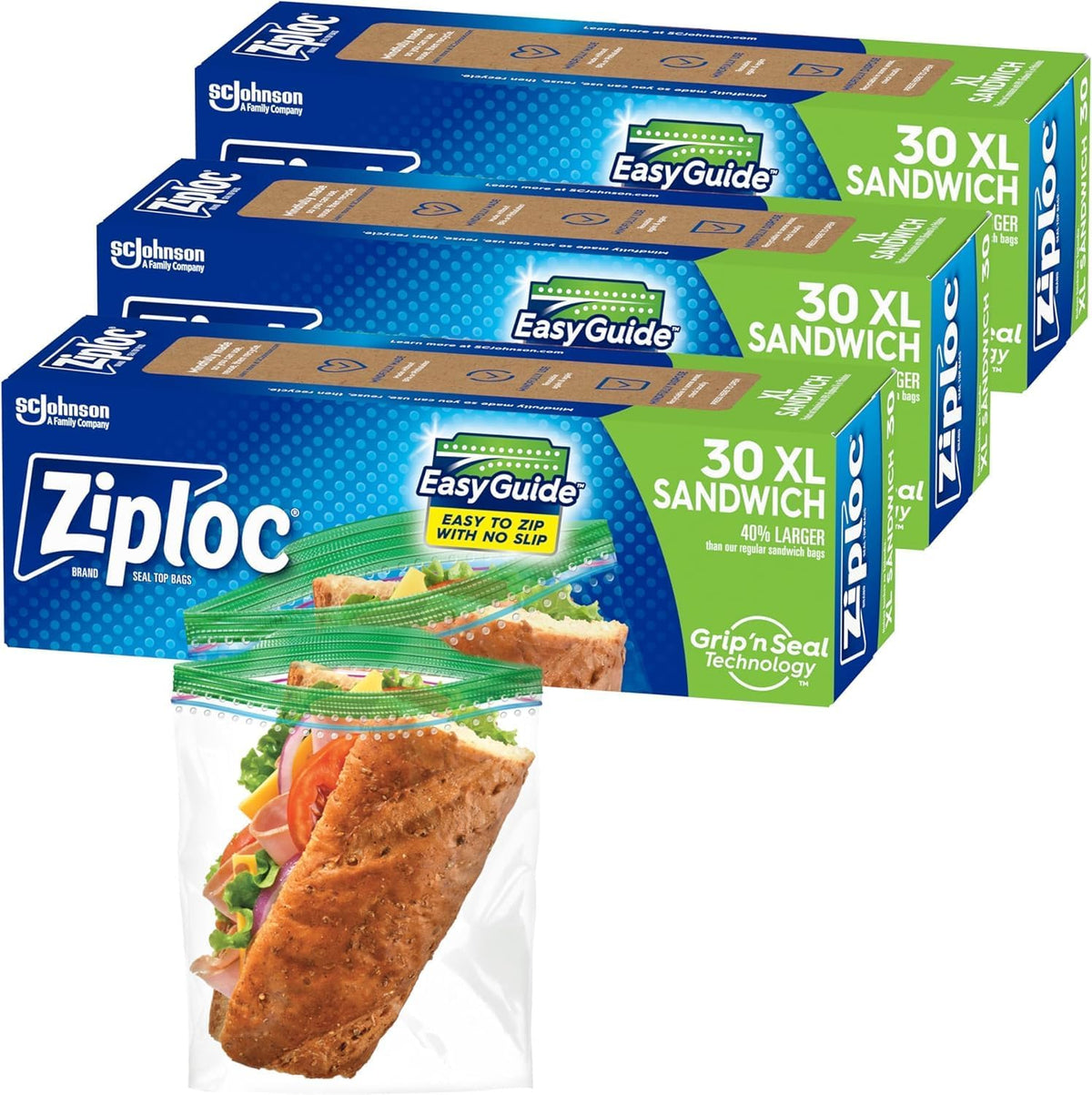 Ziploc sandwich bags extra large front view packaging