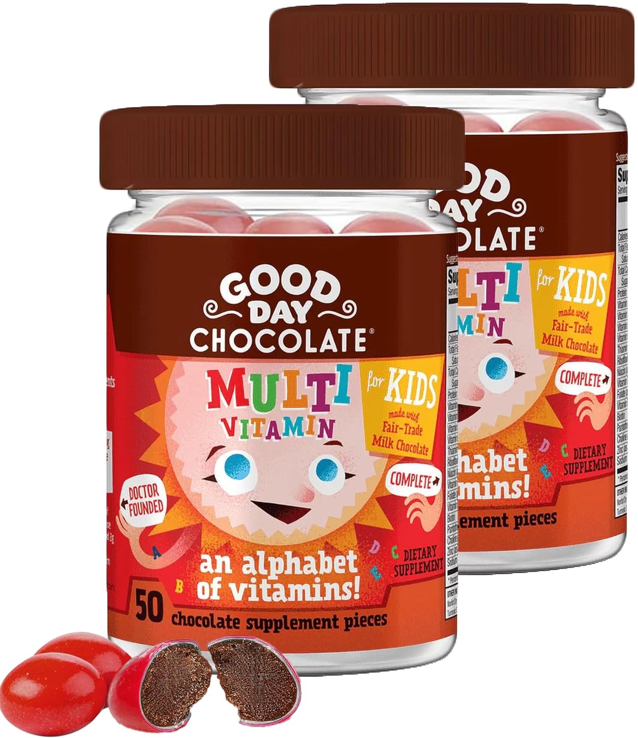 Good Day Chocolate Complete Multivitamin for Kids, Daily Supplement of Vitamins A, B6, B12, C, D, E, Folate and Biotin, Fair Trade and Non-GMO Chocolate, 2 Pack - Image 1