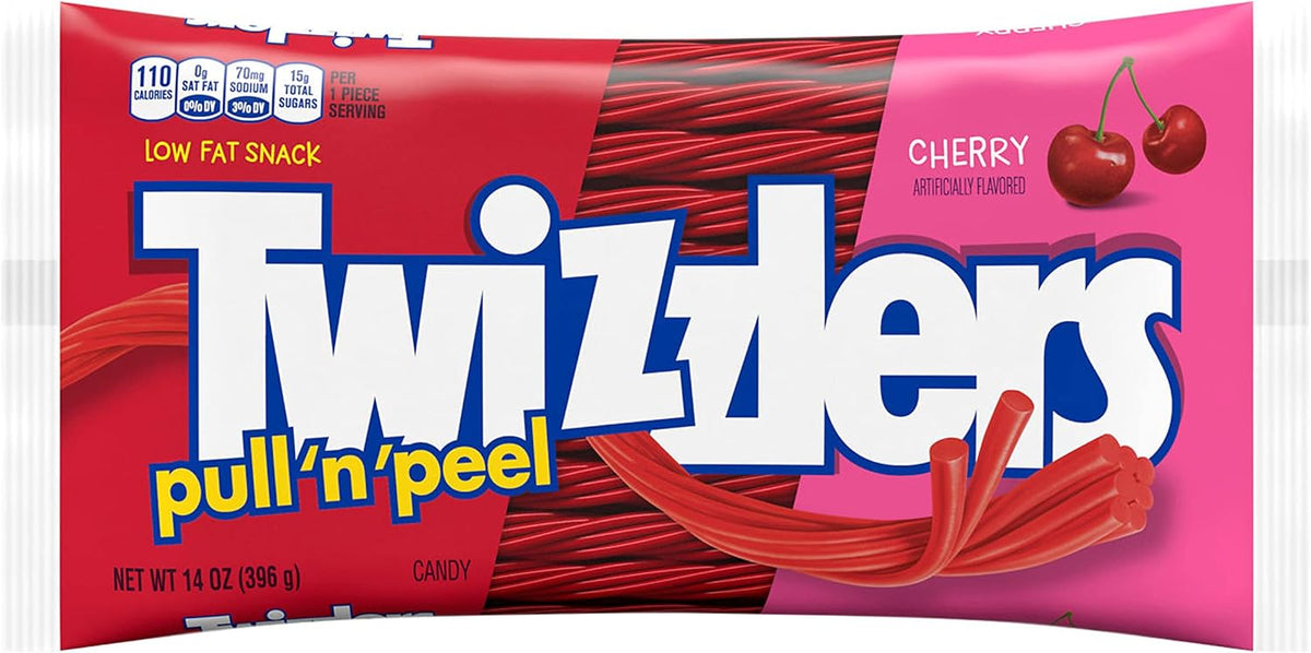 Imported TWIZZLERS Pull 'N' Peel low fat kosher candy packaging