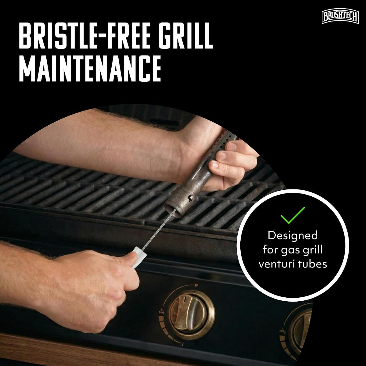 Brushtech bristle free grill cleaner flexible stainless steel stem