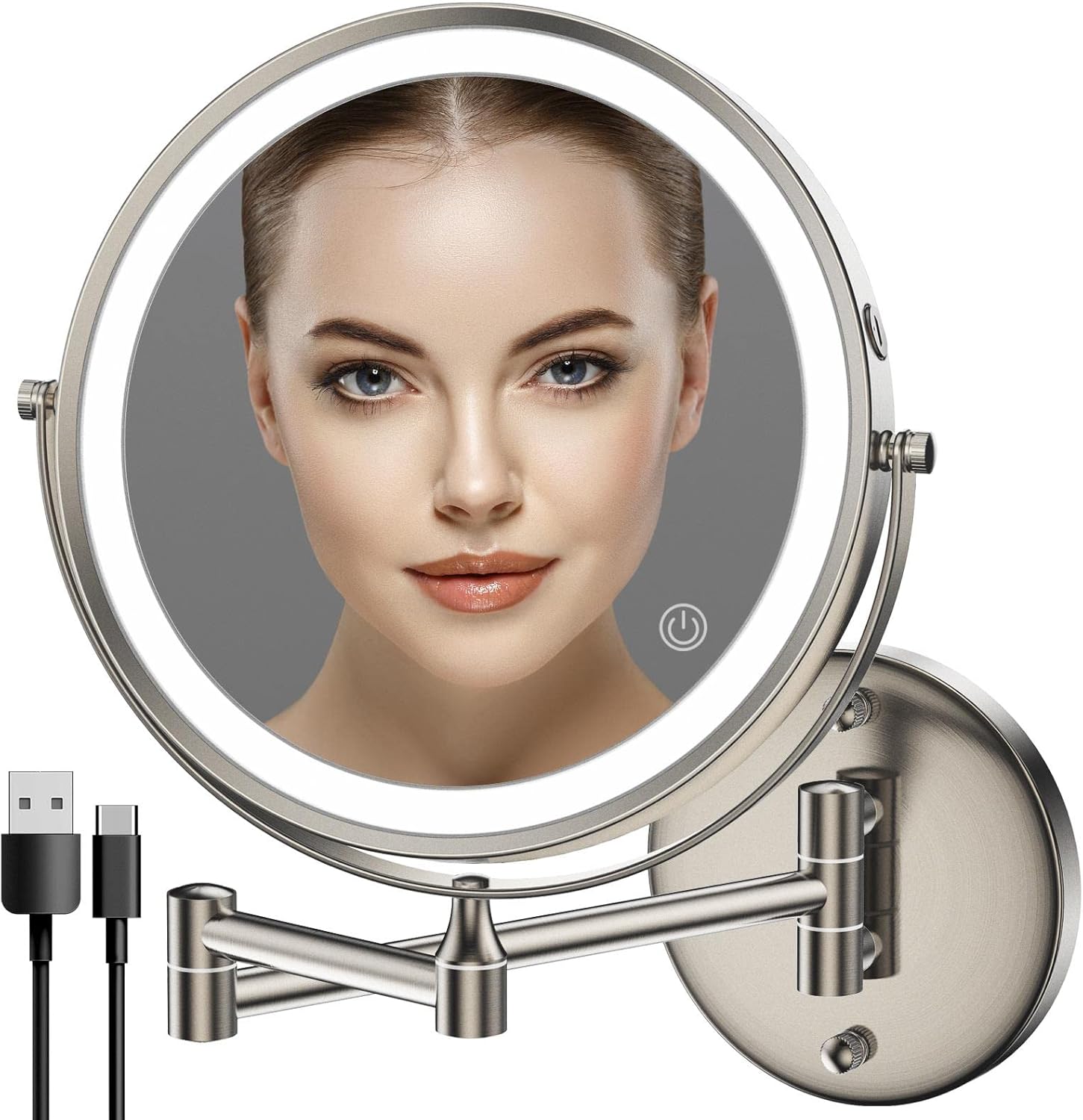 Rocollos Rechargeable Wall Mounted Lighted Makeup Mirror, 8 Inch Double-Sided LED Vanity Mirror 1X/10X Magnification,3 Color Lights Touch Screen Dimmable 360°Swivel 13 Inch Extendable - Image 1