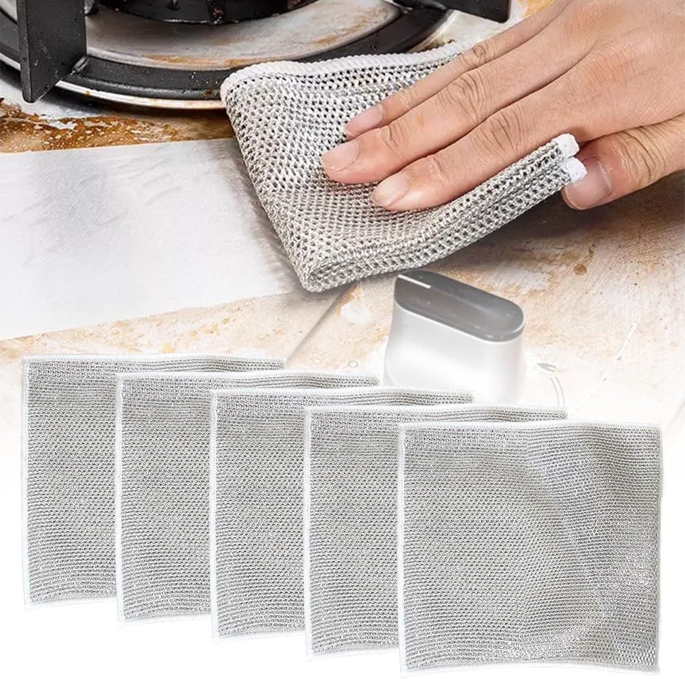 Pousbo Multipurpose Wire Dishwashing Rags front view of 5 pack silver scrubbers.