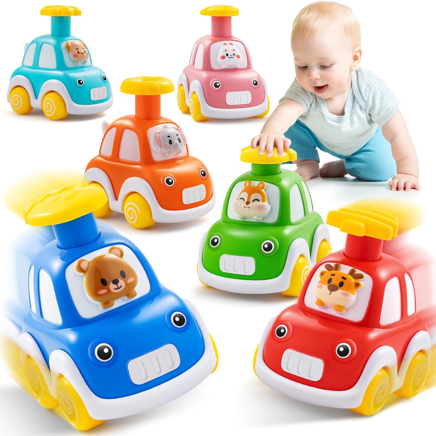 Jyusmile press and go animal car toys front view showing six colorful toddler friction vehicles