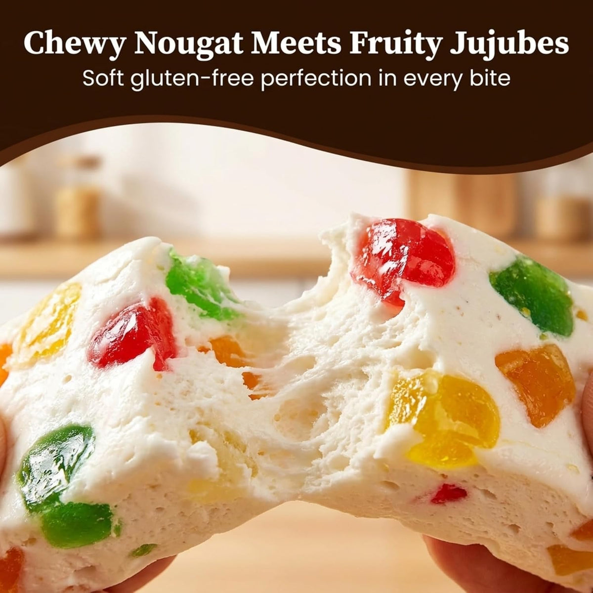 Close up look of ASOZI jujube nougat treats showcasing the colorful embedded jelly bean bits.