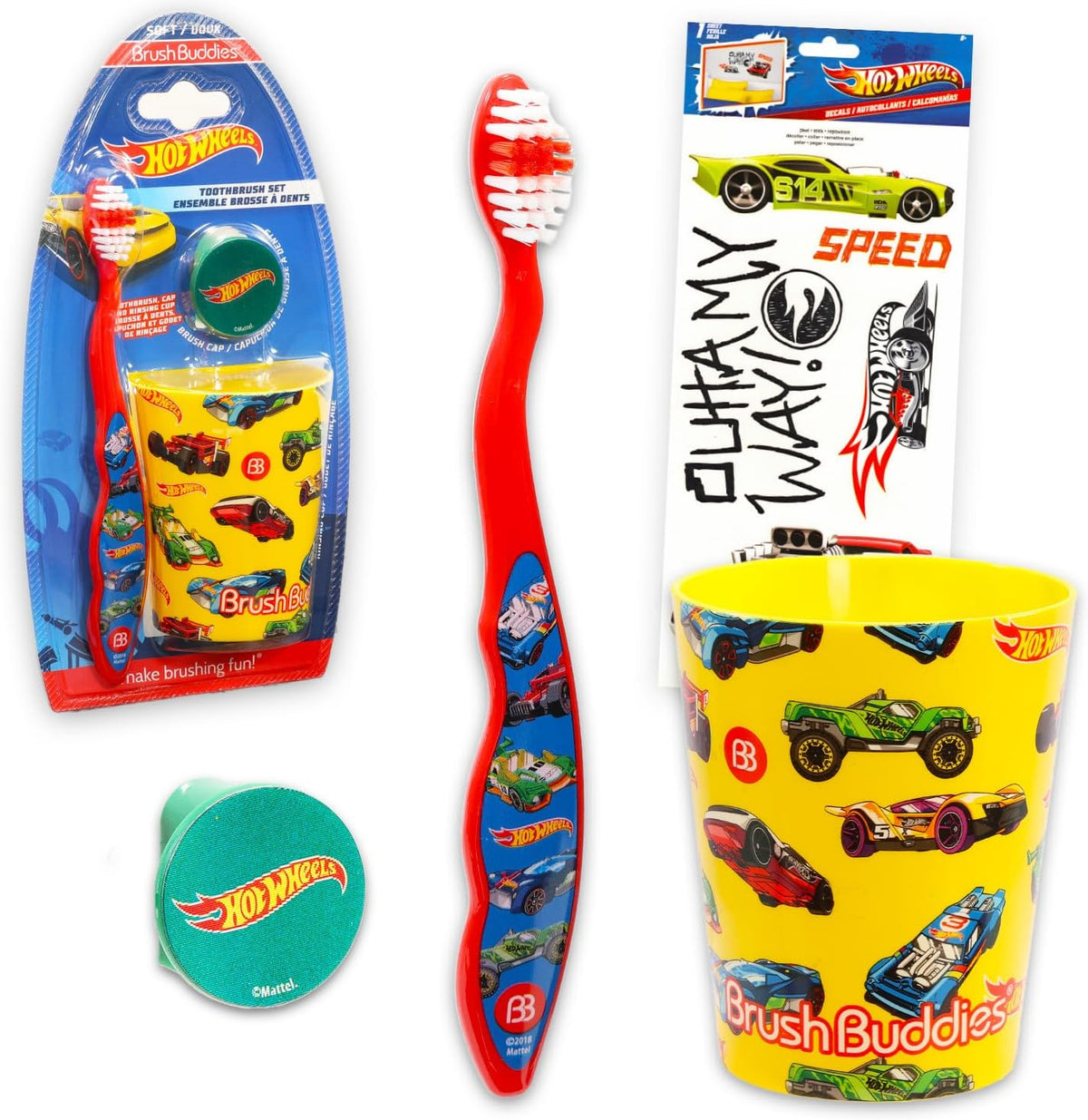 Hot Wheels Toothbrush and Cup Set front view for kids oral hygiene.