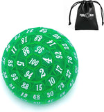 Poludie 100 sided polyhedral dice front view showing green finish