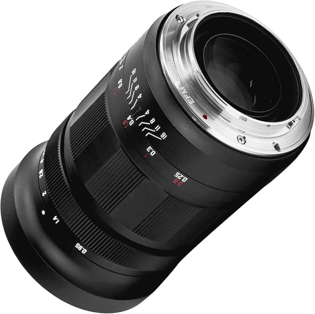 Side profile of Meike 25mm f0.95 lens displaying mechanical focus and aperture rings