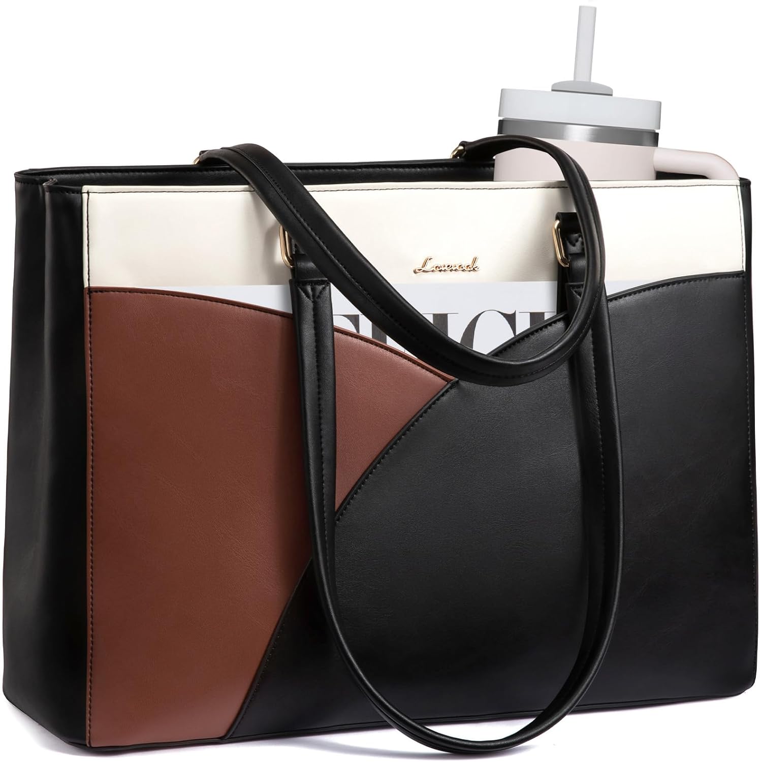 LOVEVOOK laptop bag for women showing the front view of the tri-color block design.